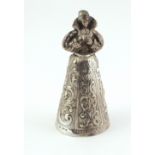 An unusual embossed Dutch silver Hand Bell, in the shape of a Shakespearean Lady,