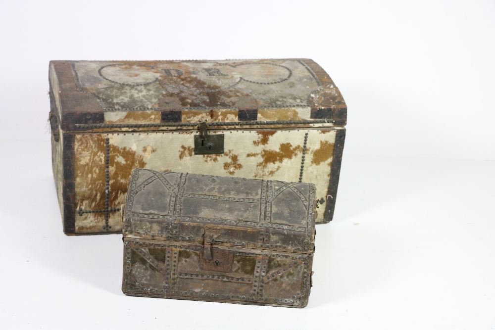A large 18th Century hide covered Trunk, brass studded, and with initials D.R. - Image 3 of 4