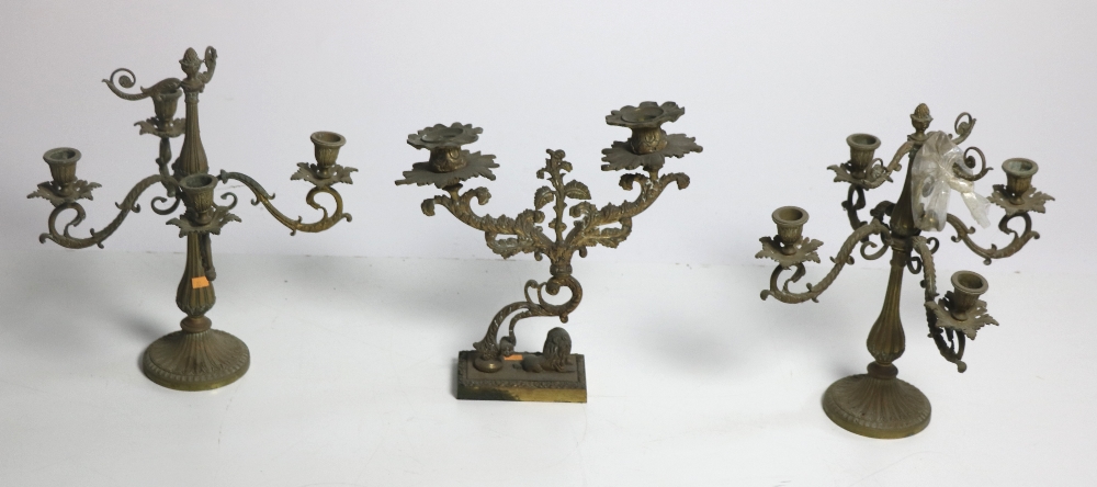 A pair of brass four branch Candelabra, another two branch ditto, and a Sienna marble Bird Bath.