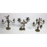A pair of brass four branch Candelabra, another two branch ditto, and a Sienna marble Bird Bath.
