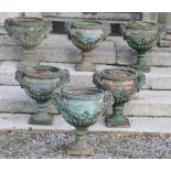 A rare set of 6 terracotta 19th Century Garden Urns, with grotesque mask handles,