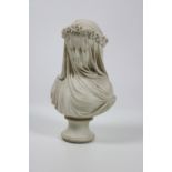 A composition white marble Model of a Veiled Bride, with floral tiara on circular socle,