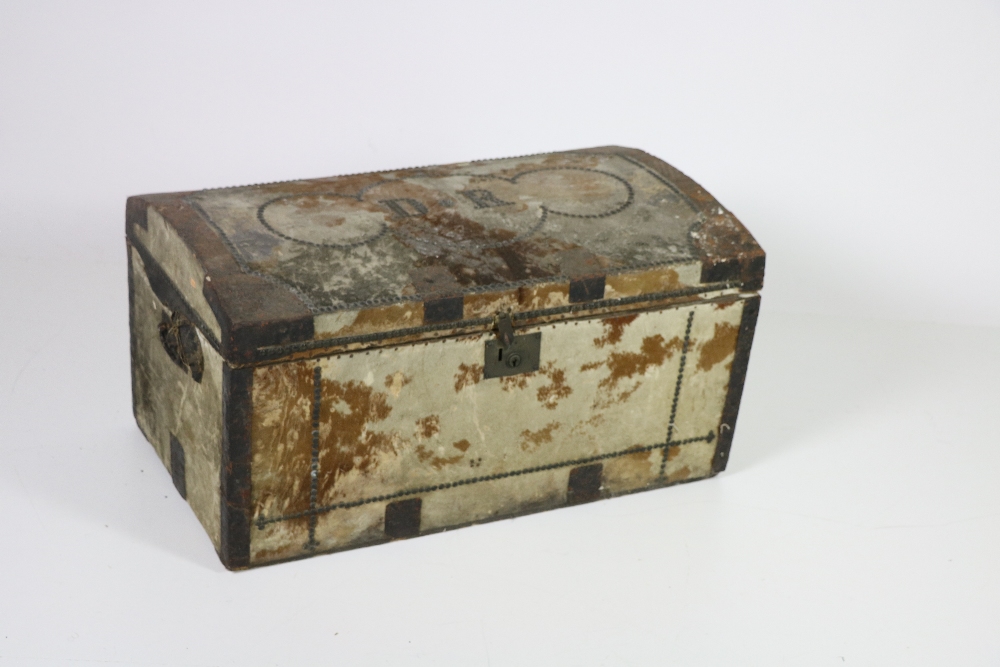 A large 18th Century hide covered Trunk, brass studded, and with initials D.R.