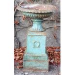 A large pair of good quality Victorian period cast iron Urns on stands, each approx.