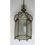 A Regency period octagonal brass Hall Lantern, with frosted glass and coronet type top,