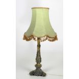 A 19th Century heavy bronze Table Lamp, of foliage decoration, with green shade.