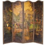 An attractive 19th Century English hand painted leather four fold Draught Screen,