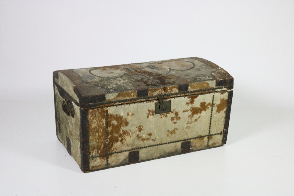 A large 18th Century hide covered Trunk, brass studded, and with initials D.R. - Image 2 of 4