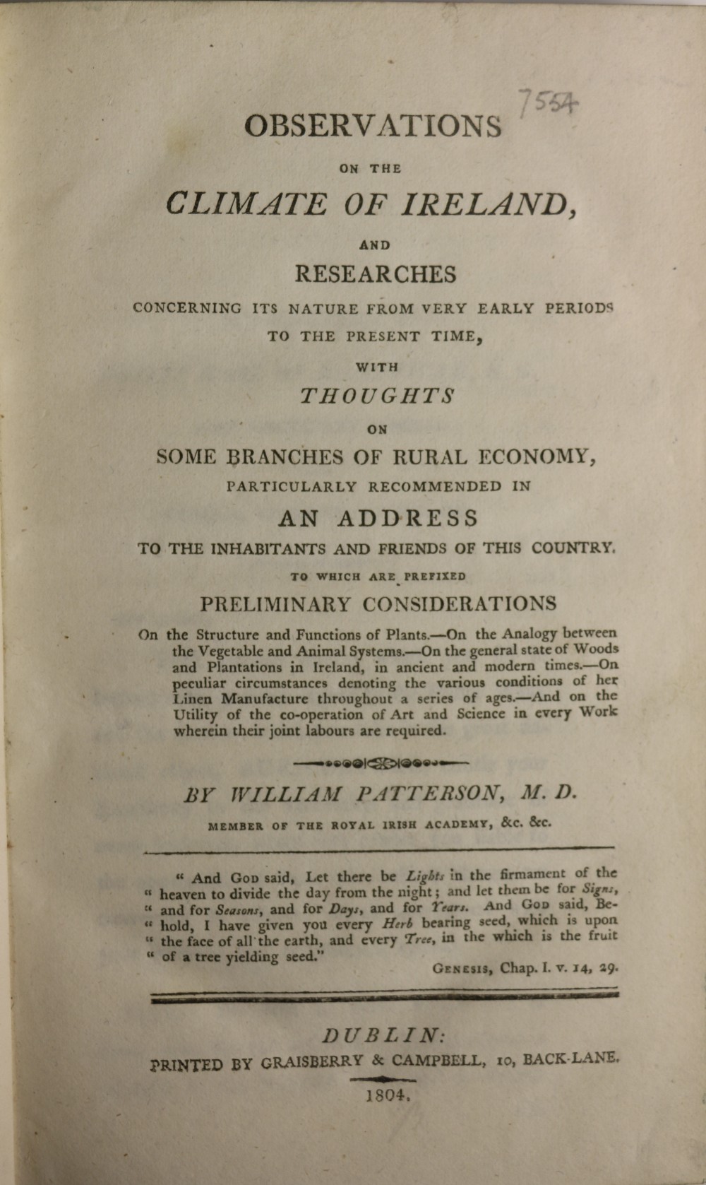 Patterson (Wm.) Observations on the Climate of Ireland, and Researches..