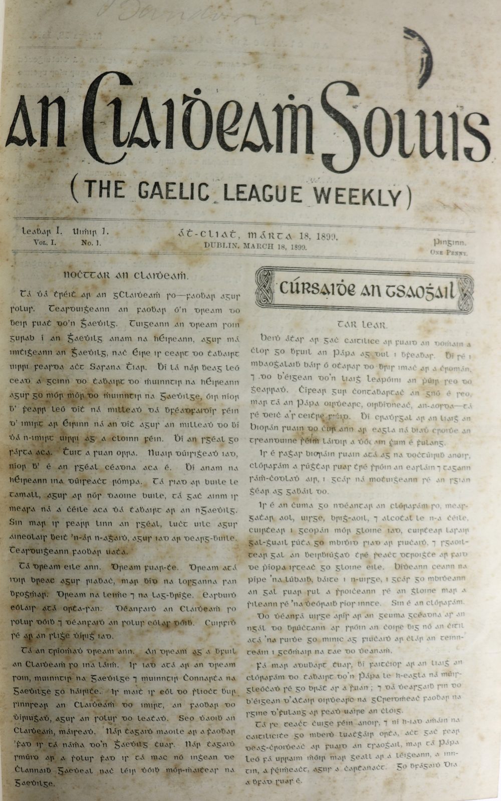 Periodical: An Claidheamh Soluis Weekly bilingual newspaper of the Gaelic League,