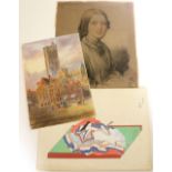 Watercolours: A group of 3 watercolours, one of Continental Street Scene, Malines, signed E.