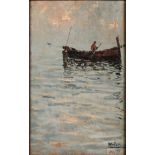 374 MICHELE CATTI (1855 - 1914) “Marina con barca di pescatori" Dipinto ad olio