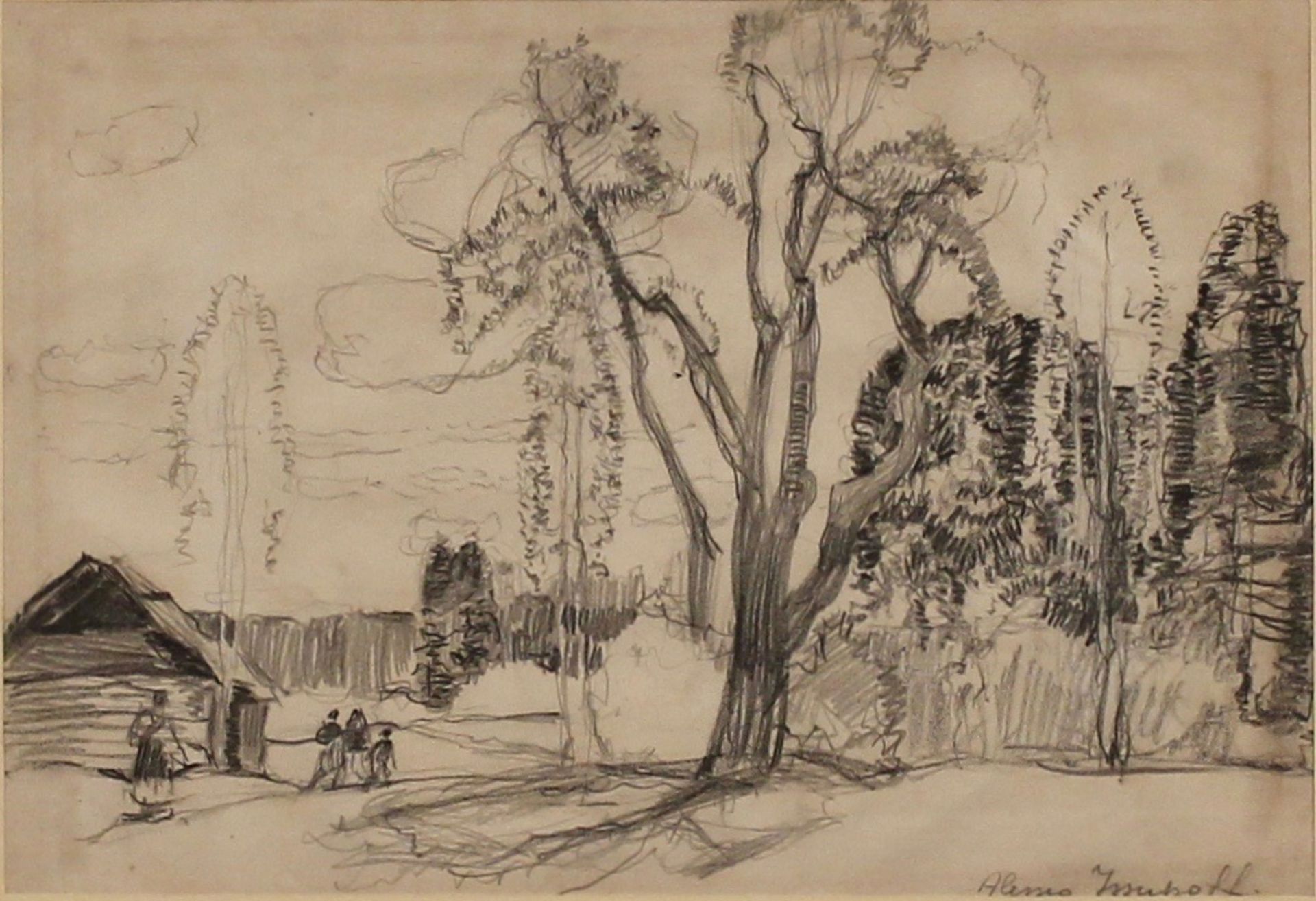 ALESSIO ISSUPOFF (1889 - 1957)  - “Paesaggio con figure e casolare. Disegno su carta