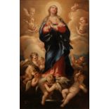 SC. NAPOLETANA DEL SECOLO XIX - La Madonna con cherubini. Dipinto ad olio