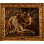 SC. VENEZIANA DEL SECOLO XVII - Deposizione di Cristo con angeli e cherubini. Dipinto ad olio
