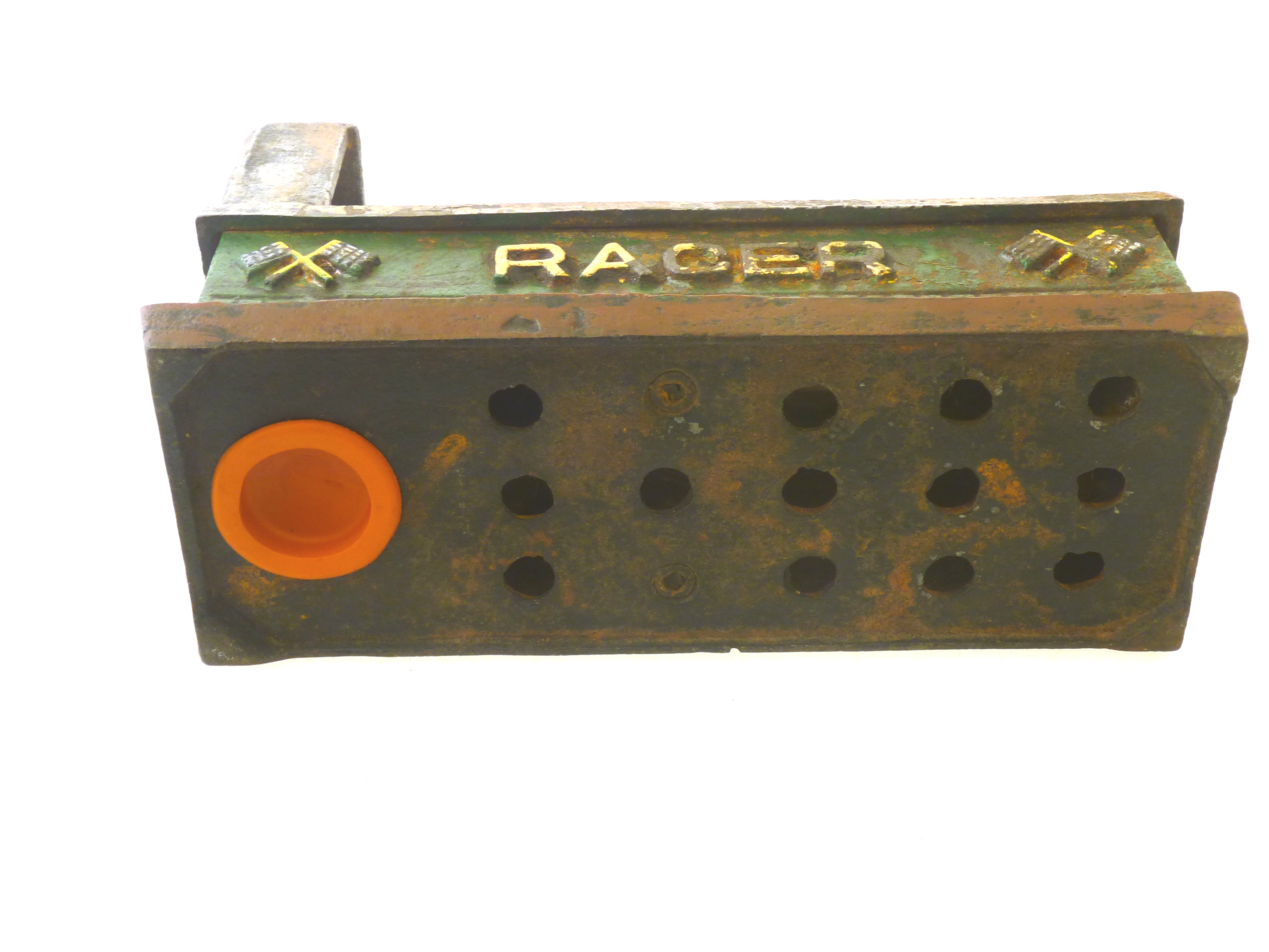A GOOD 1920S CAST IORN AND PAINTED 'RACER' MONEY BOX, MOUNTED WITH A BUGATTI AND DRIVER, ON SPRING - Image 6 of 6