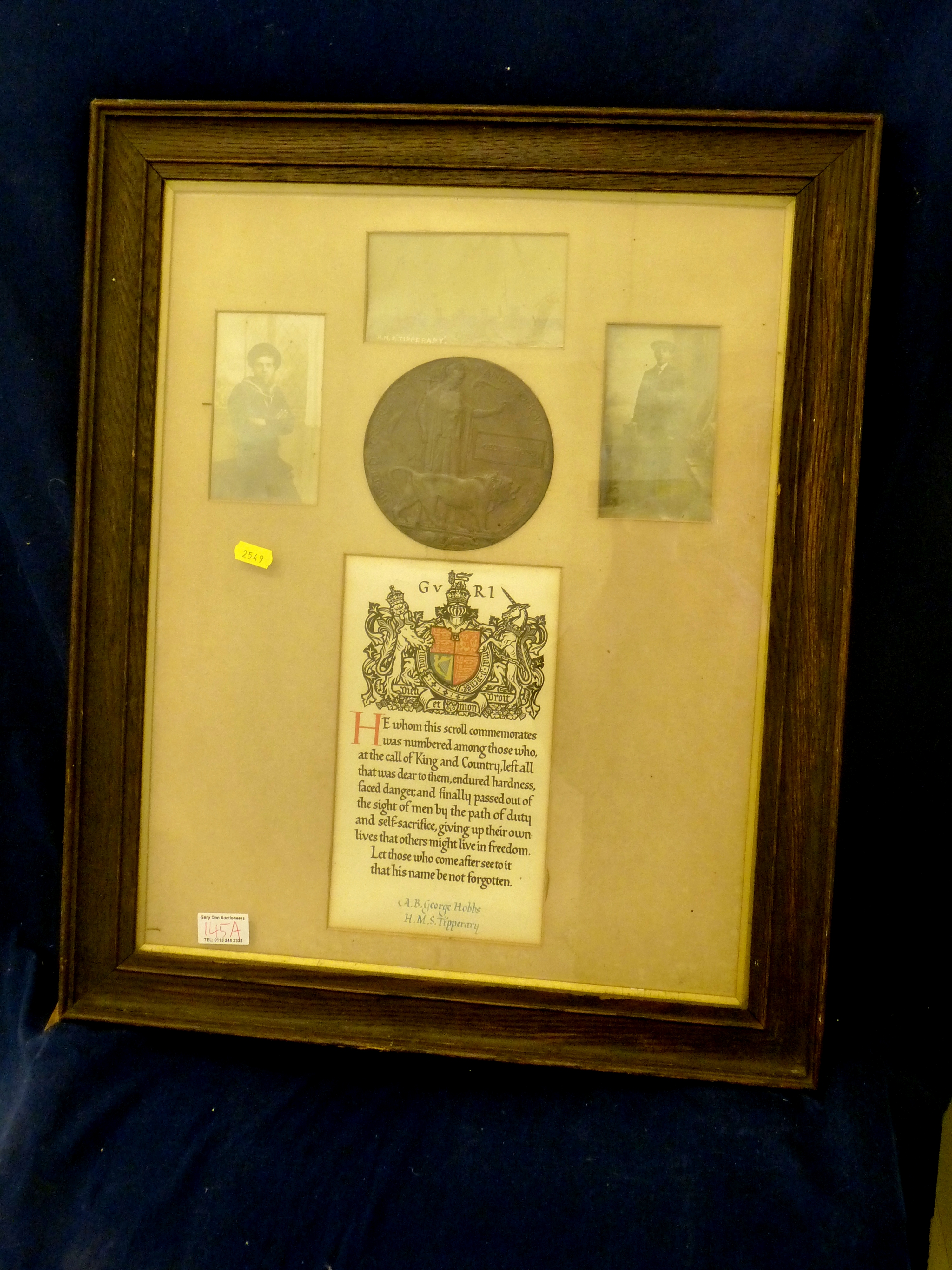 FRAMED DEATH PLAQUE AWARDED TO GEORGE HOBBS WITH PHOTOGRAPHS INCLUDING OF HMS TIPPERAY