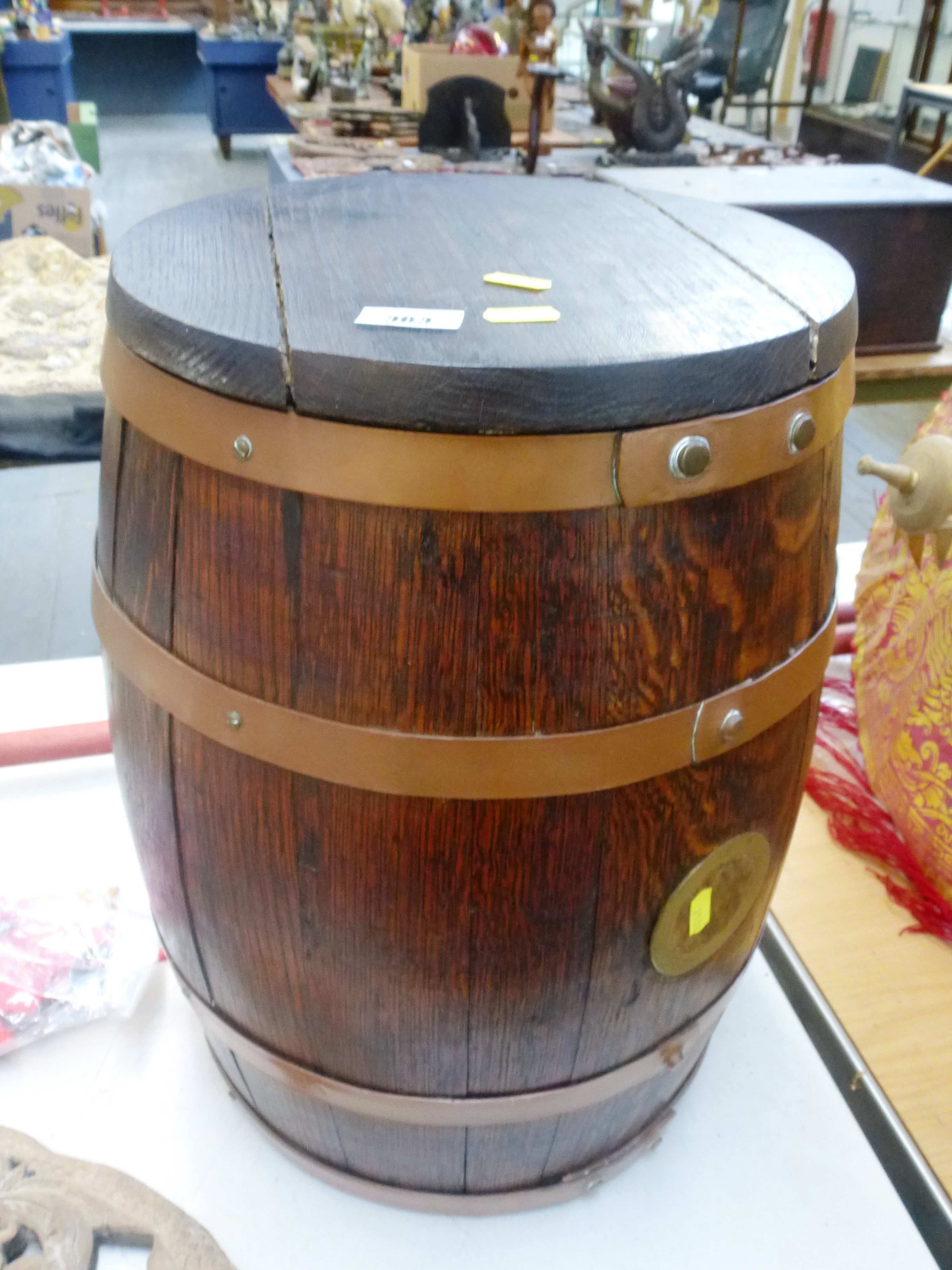 WOODEN BARREL APPROX H: 19" D: 12"