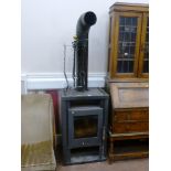 WOOD BURNER WITH CHIMNEY AND FIRE IRONS APPROX 72" X 22" X 16"