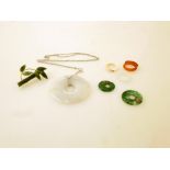 3 JADE RINGS, JADE BROOCH AND 3 JADE PENDANTS