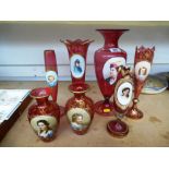 7 PIECES OF ASSORTED RED PAINTED GLASS