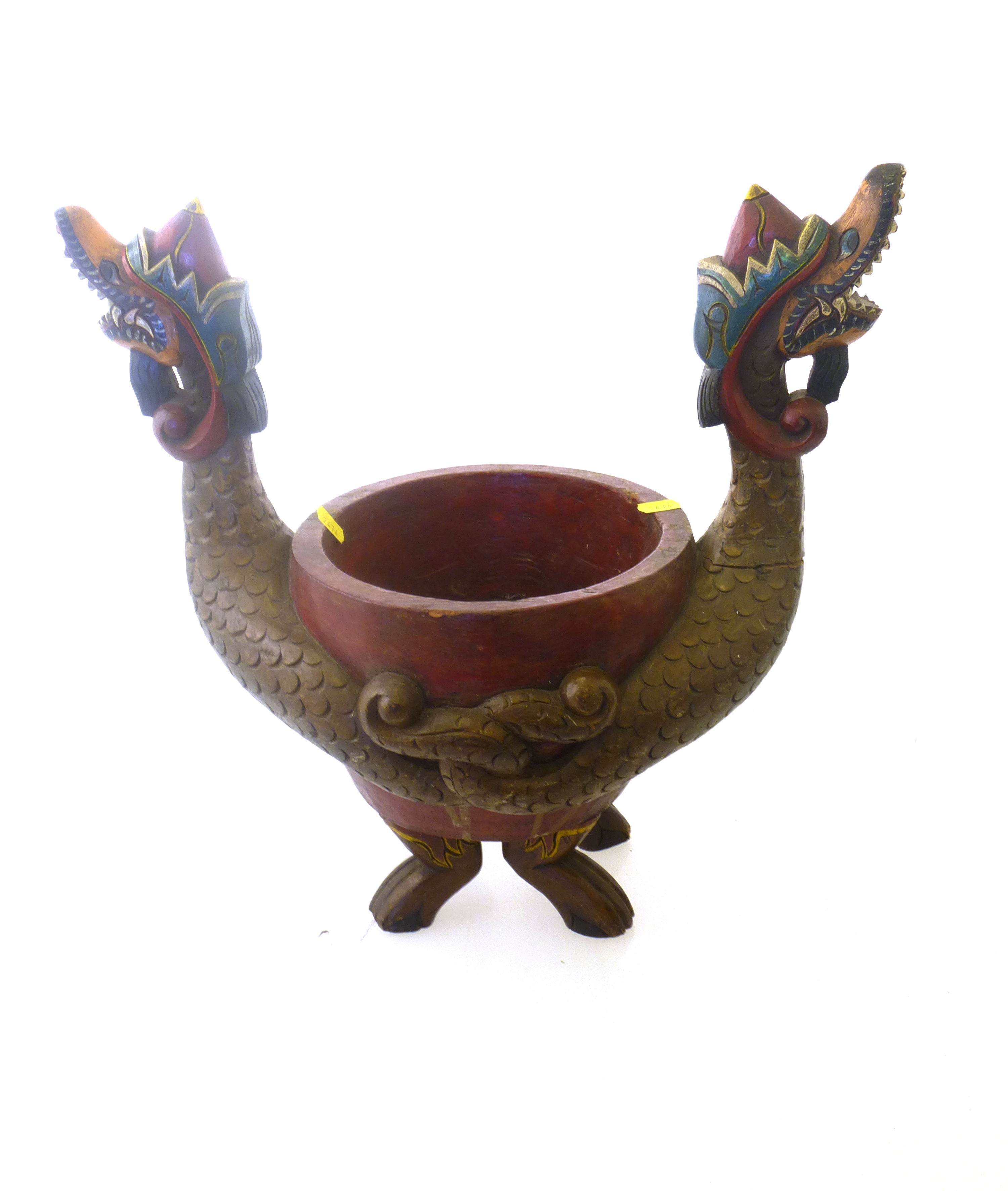 CARVED WOODEN FLOWER POT WITH 2 DRAGON HEADS APPROX H: 16.5" D: 8.5"