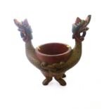 CARVED WOODEN FLOWER POT WITH 2 DRAGON HEADS APPROX H: 16.5" D: 8.5"