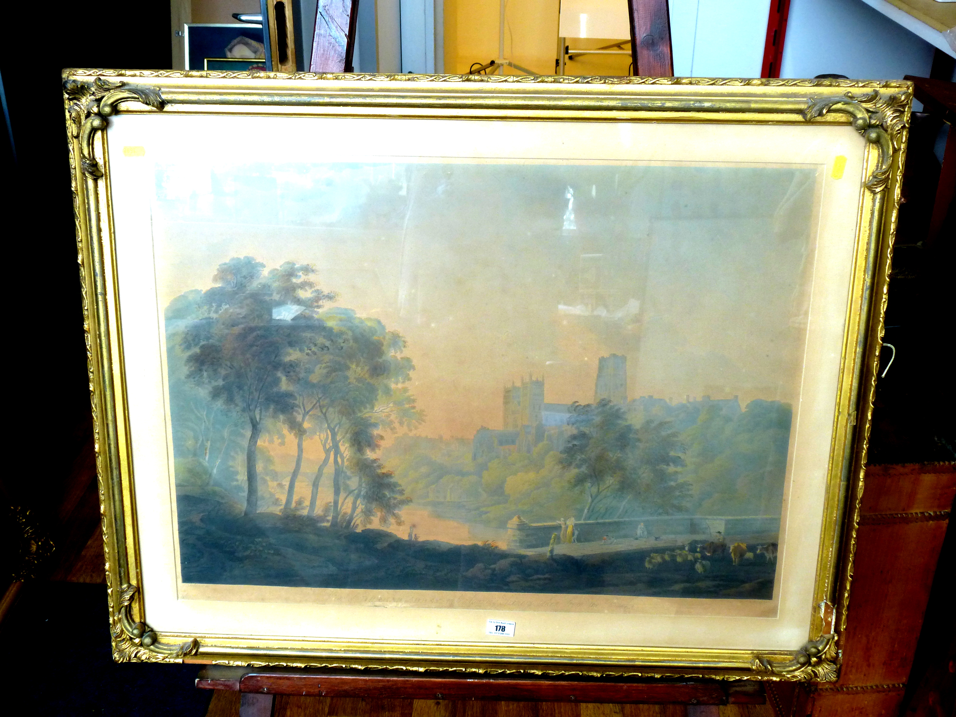 PRINT OF A VIEW OF DURHAM ABBEY AND ADJOINING SCENERY TAKEN FROM THE BANKS APPROX 20.5" X 28.5"