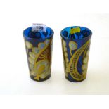 Pair of Hand Painted Blue Glass Tumblers. H 11cm Each