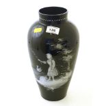 BLACK GLASS PAINTED VASE APPROX H: 29CM