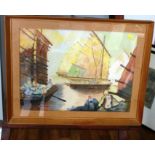 PASTEL DRAWING OF BOAT SCENE BY SHAUN BURKE 1969 37.5CM X 52CM