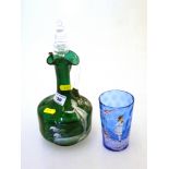 GREEN GLASS PAINTED JUG AND BLUE GLASS PAINTED DRINKING GLASS