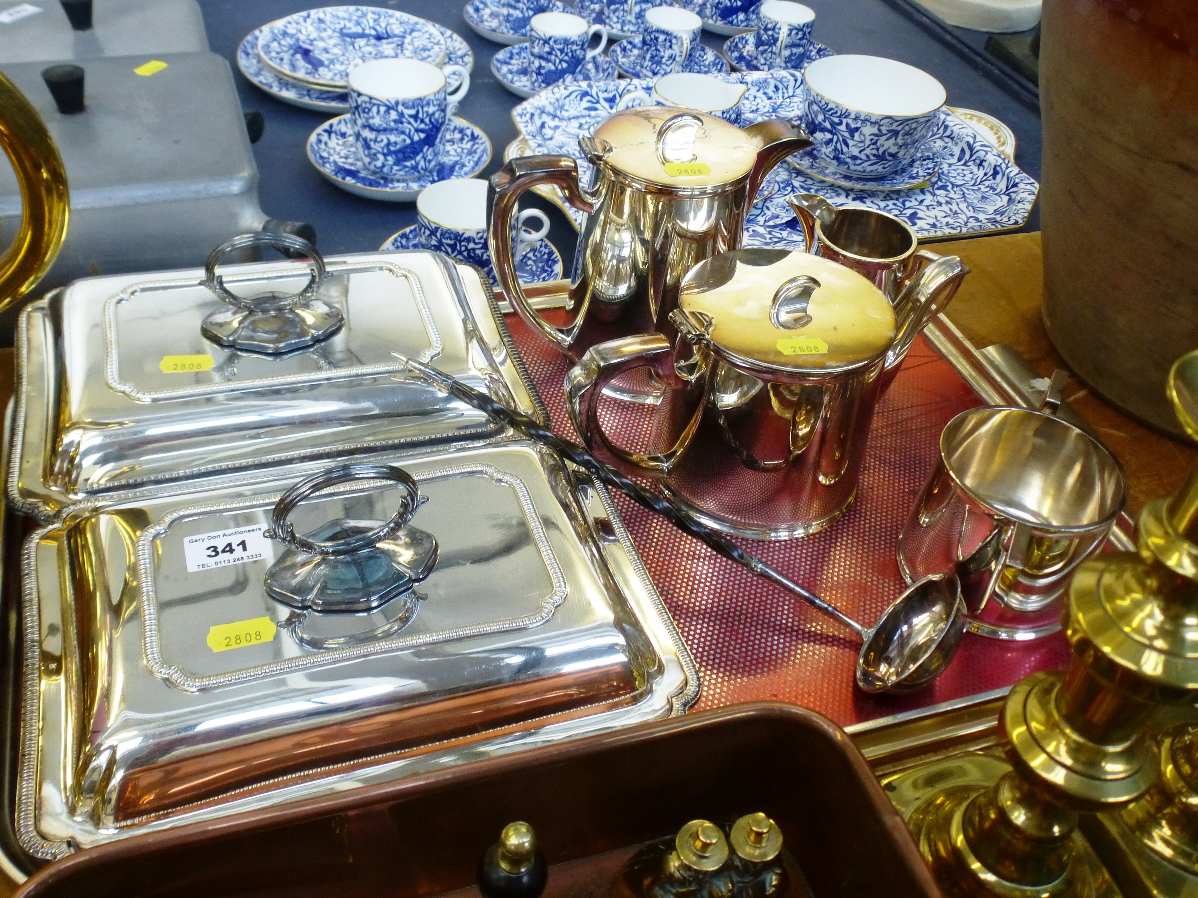 PLATED TEASET, 2 PLATED TUREENS AND A LADEL