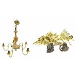 Brass and copper five branch chandelier; also various brass door knobs and handles etc