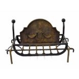 Cast iron fire dog grate, on two fire dogs; together with a cast iron decorative urn and swag