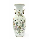 Chinese famille rose porcelain large twin handled baluster vase, with applied gilt highlighted