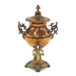 19th century brass and copper samovar, with twin opaque glass handles and single brass tap, 21"