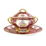 French porcelain oval lidded tureen on stand, with floral panels on a burgundy ground with gilded