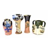 Sumida Ware - Four Japanese Sumida Gawa porcelain vases, three with applied figures and one with