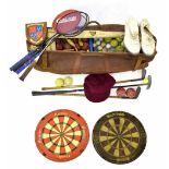 Sporting Interest - various equipment to include three golf clubs, badminton rackets, cricket balls,
