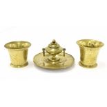 Circular brass inkwell in the form of an urn, together with two antique brass mortars, 3.5" and 4"