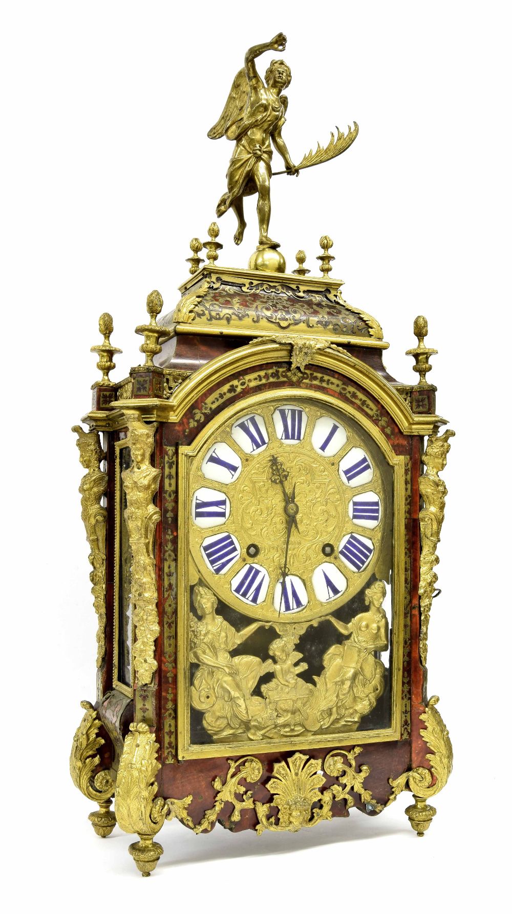 Good French red tortoiseshell and boulle two train verge mantel clock, the movement back plate