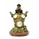 Rare bronze novelty triple dial desk clock compendium, the 2.25" clock dial with platform escapement