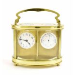 Duverdrey & Bloquel oval brass clock/barometer compendium, the 1.75" twin white dials within an oval