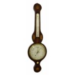 Mahogany inlaid barometer/thermometer, the 8" silvered dial signed F. Molton, Dove Lane, Norwich,