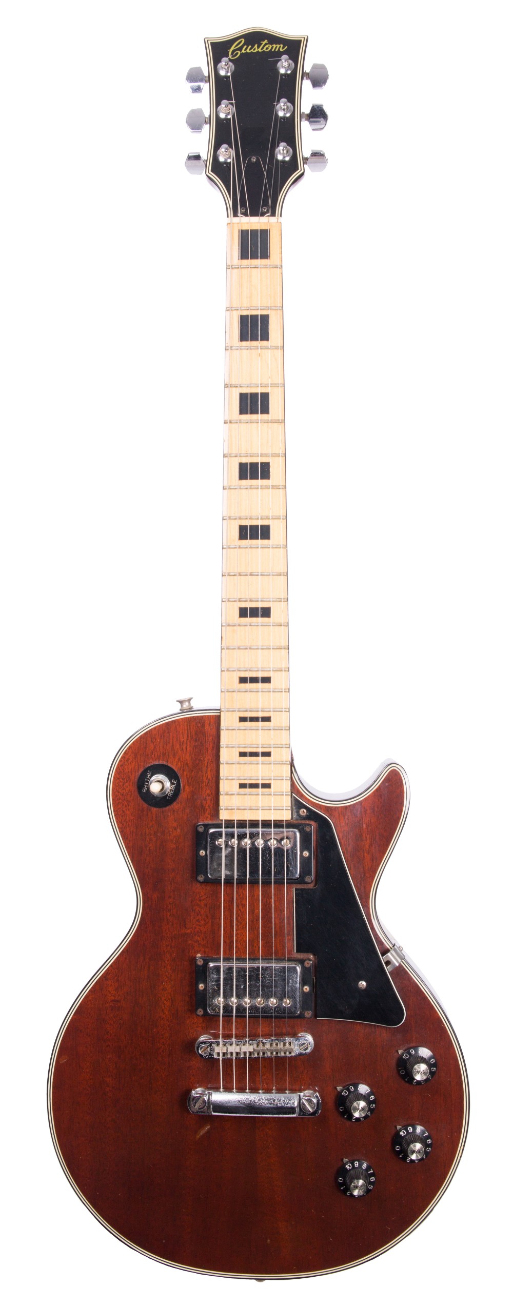 1970s 'Custom' Les Paul style electric guitar, made in Japan, ser. no. 76xx20; Finish: walnut,