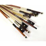 Five nickel mounted unstamped violin bows (5)