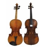 German violin circa 1930, 14 1/8", 35.90cm; also a 19th century violin, 14 1/4", 36.20cm, two bows