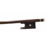 French silver mounted violin bow, unstamped, the stick round, the ebony frog inlaid with pearl