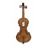 Interesting small early primitive violin with wavy outline and simple scroll, 16 1/2" long overall